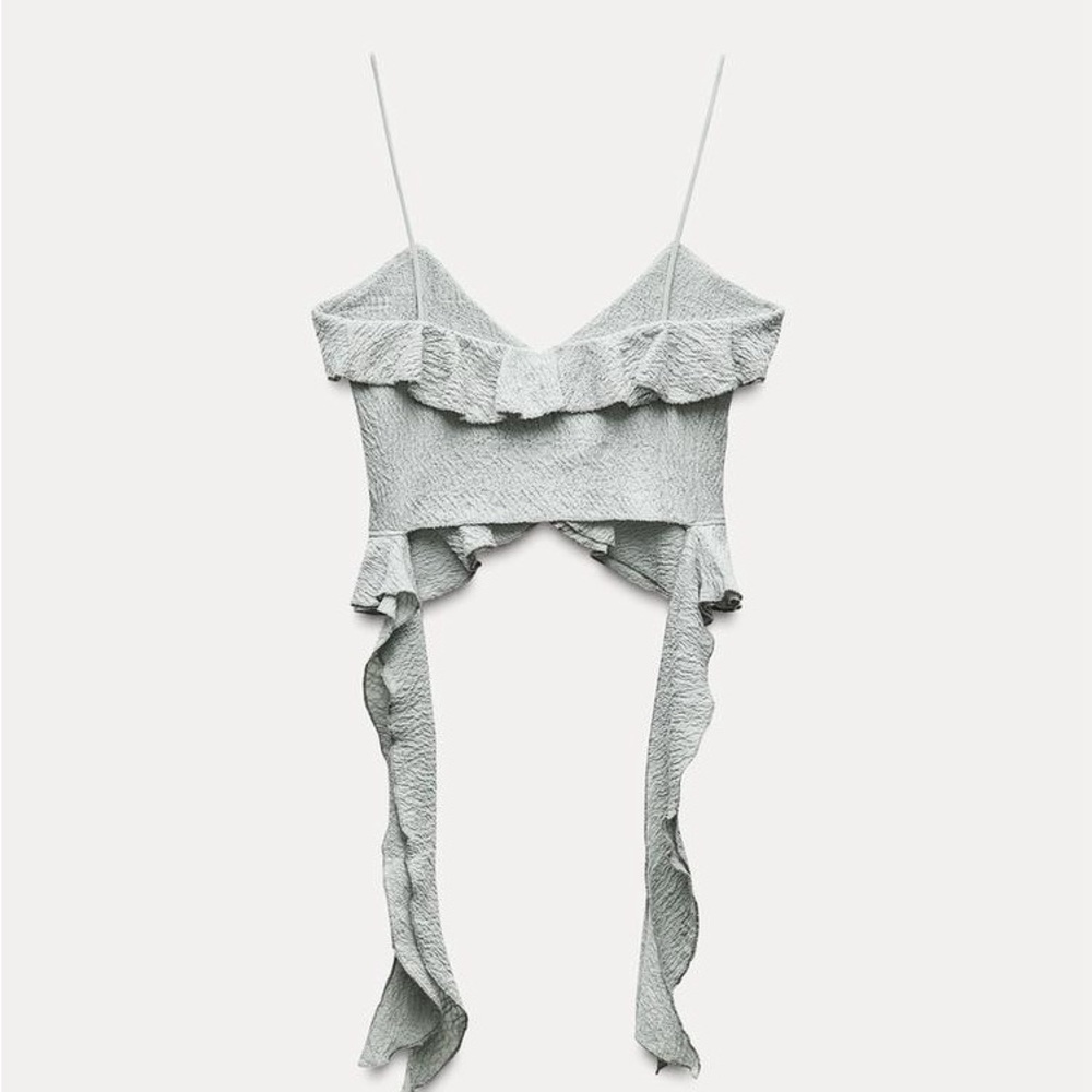 Zara NWT Ruffled Textured Crop Top Sea Green Women’s Size Small - Picture 7 of 7